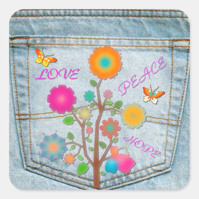Denim Back Pocket Blume Liebe Hoffnung Quadratischer Aufkleber (Vorderseite)