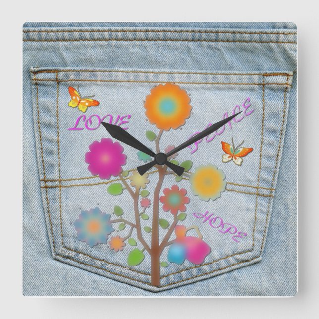 Denim Back Pocket Blume Peace Liebe Square Clock Quadratische Wanduhr (Vorderseite)