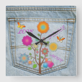 Denim Back Pocket Blume Peace Liebe Square Clock Quadratische Wanduhr