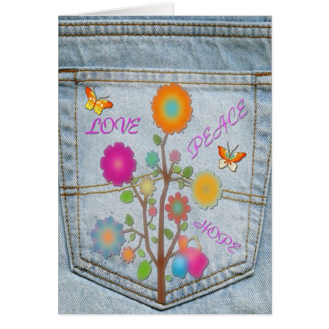 Denim Back Pocket Flowers Peace Love Hope Card (Devant)