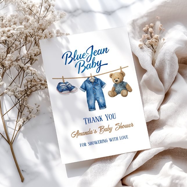 Denim Bear Clothesline Boy Blue Jean Baby Shower Dankeskarte (Von Creator hochgeladen)