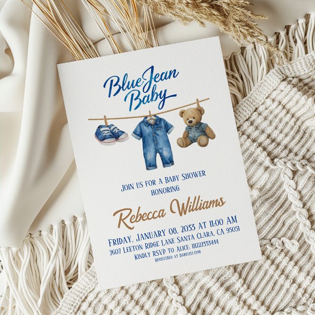 Denim Bear Clothesline Boy Blue Jean Baby Shower Einladung (Von Creator hochgeladen)
