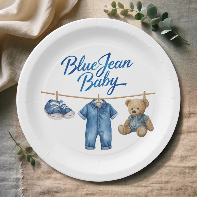 Denim Bear Clothesline Boy Blue Jean Baby Shower Pappteller (Von Creator hochgeladen)