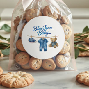 Denim Bear Clothesline Boy Blue Jean Baby Shower Runder Aufkleber