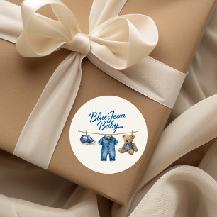 Denim Bear Clothesline Boy Blue Jean Baby Shower Runder Aufkleber