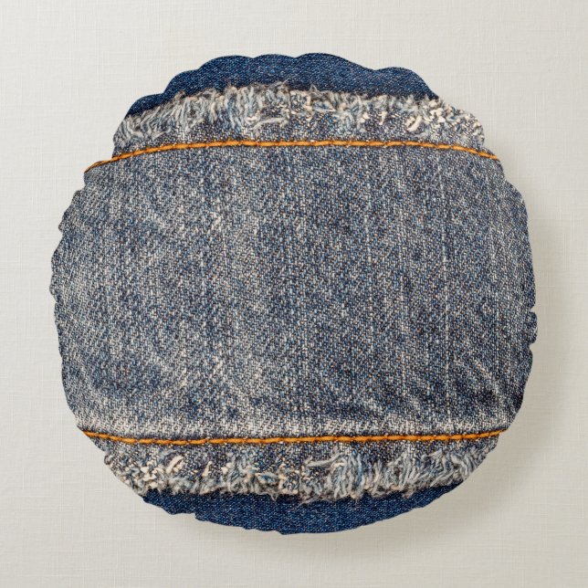 Denim blauen Jeans Stoff Rahmen. Blechdichtfabrik Rundes Kissen (Vorderseite)