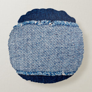 Denim blauen Jeans Stoff Rahmen. Blechdichtfabrik Rundes Kissen