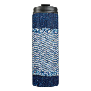 Denim blauen Jeans Stoff Rahmen. Blechdichtfabrik Thermosbecher