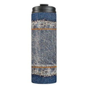 Denim blauen Jeans Stoff Rahmen. Blechdichtfabrik Thermosbecher