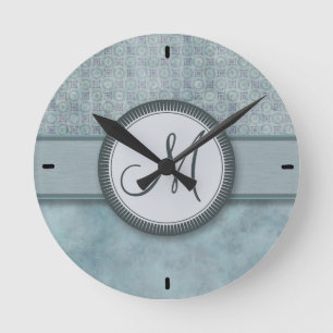 Denim-blaues Münzen-Muster mit Monogramm Runde Wanduhr
