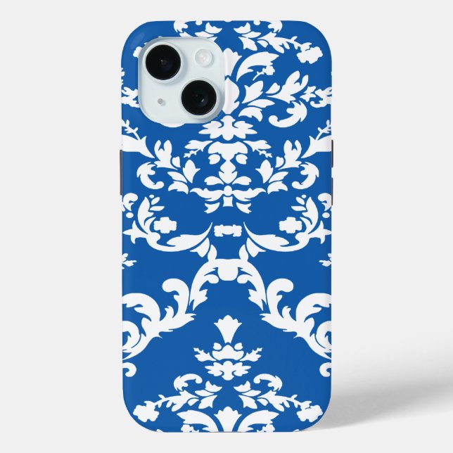 Denim Blue Bold Damask @ Emporiomoffa iPhone 15 Hülle (Rückseite)