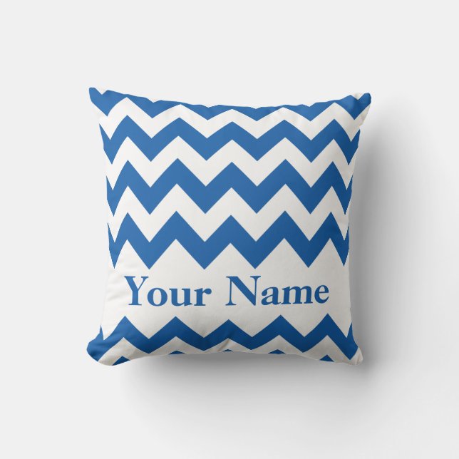 Denim Blue Bold Zickzack mit Monogramm Kissen (Vorderseite)