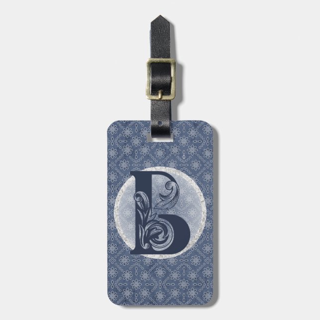 Denim Blue Decorative Monogram "B" Gepäckmarke Gepäckanhänger (Vorderseite vertikal)