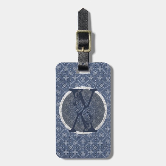 Denim Blue Decorative Monogram "X" Gepäckmarke Gepäckanhänger (Vorderseite vertikal)