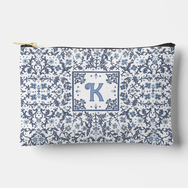 Denim Blue Extravagant Floral Muster Personalisier Zubehörtasche (Vorderseite)