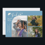 Denim Blue Hand Written Thank You Multi Photo Ankündigung<br><div class="desc">Modern and whimsical graduation announcement photo card featuring 3 photos on the front and 1 on the back. The text says "Thank You" with twinkling stars. Add the graduate's name,  information,  and message to personalize this card. Denim blue.</div>