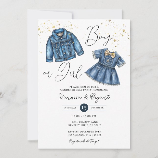 Denim Blue Jean Boy or Girl Gender Reveal Einladung (Vorderseite)