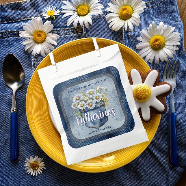 Denim Blue Jean | Daisies Floral Baby Shower Geschenktütchen (Blue Jean Pocket Denim and Daisies Baby Shower Favor Bags)
