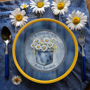 Denim Blue Jean   Daisies Floral Baby Shower Pappteller