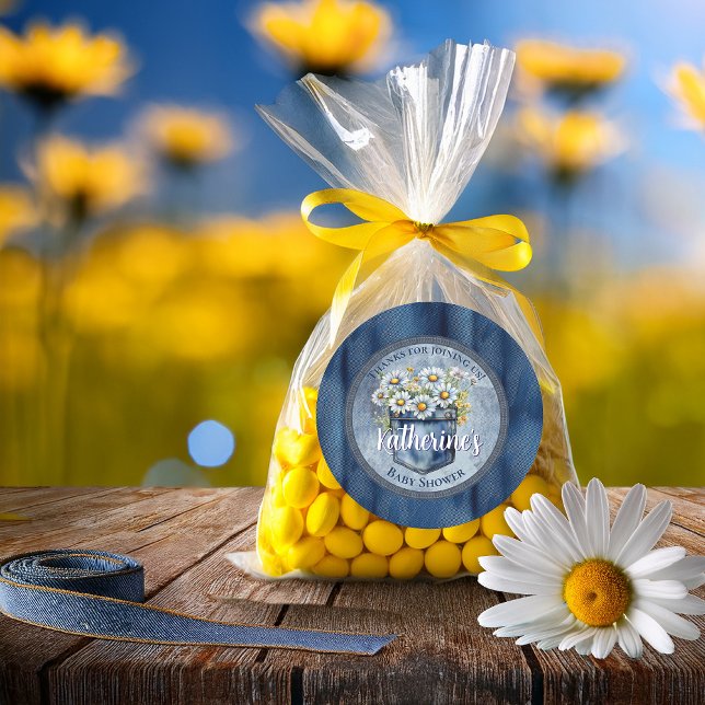 Denim Blue Jean | Daisies Floral Baby Shower Runder Aufkleber (Blue Jean Pocket Denim and Daisies Baby Shower Favor Classic Round Sticker)