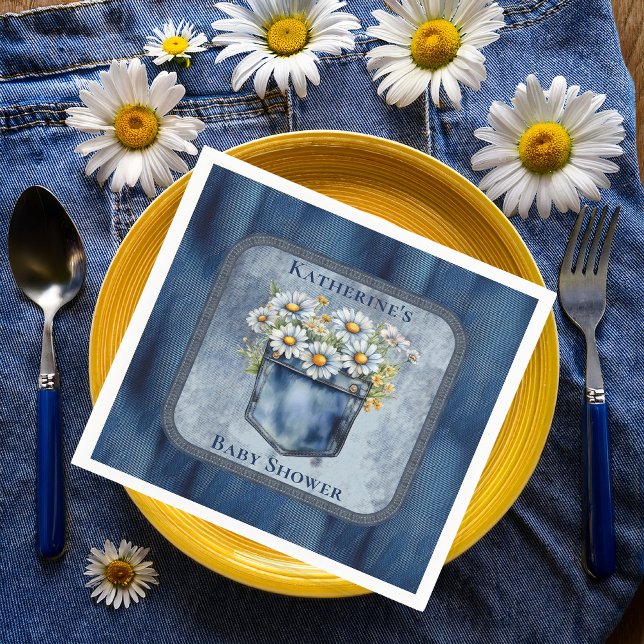 Denim Blue Jean | Daisies Floral Baby Shower Serviette (Blue Jean Pocket Denim and Daisies Baby Shower Paper Napkins)