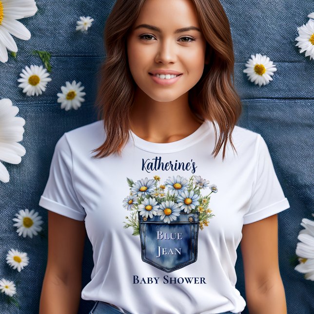 Denim Blue Jean | Daisies Floral Baby Shower T-Shirt (Blue Jean Pocket Denim and Daisies Baby Shower T-Shirt)