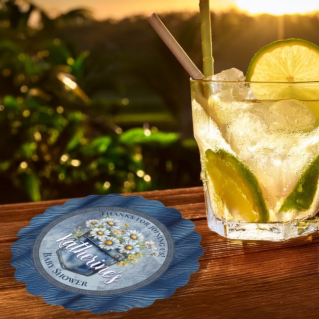 Denim Blue Jean | Daisies Floral Baby Shower Untersetzer (Blue Jean Pocket Denim and Daisies Baby Shower Paper Coaster)