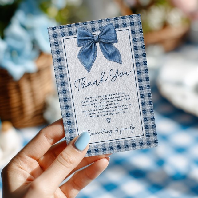 Denim Blue Jean Gingham Coquette Bow Baby Shower Dankeskarte (Denim Blue Jean Gingham Coquette Bow Baby Shower Thank You Card)