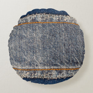 Denim blue jeans fabric frame. Bleached denim fabr Rundes Kissen