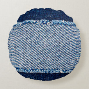 Denim blue jeans fabric frame. Bleached denim fabr Rundes Kissen