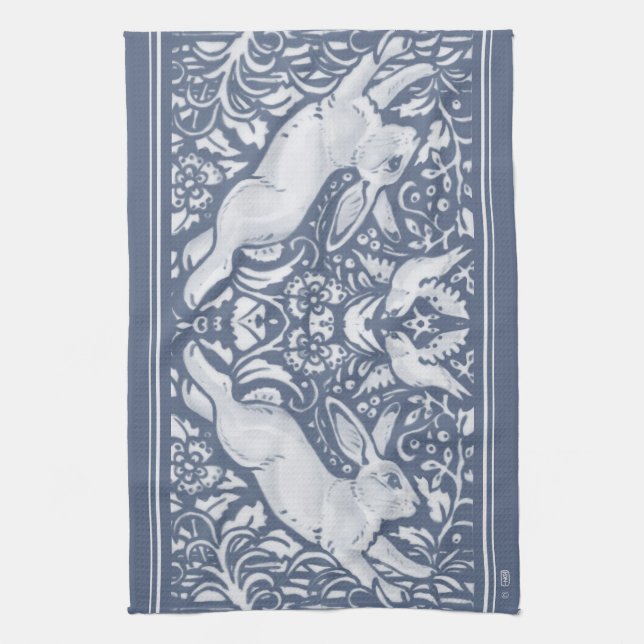 Denim Blue Leaping Rabbit Bird Floral Woodland Kit Geschirrtuch (Vertikal)