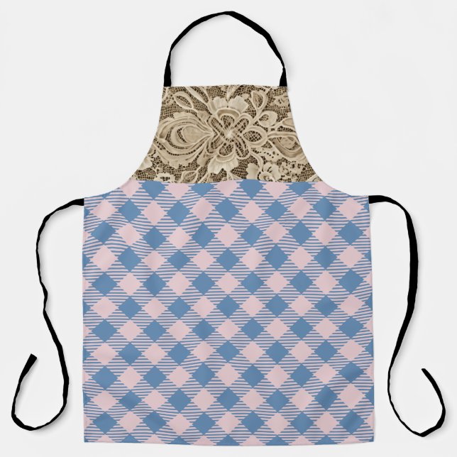 "Denim Blue, Pearly Pink" Gingham & Lace Schürze (Vorderseite)