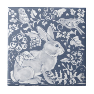Denim Blue Rabbit Bunny Birds Floral Dedham Delft Fliese