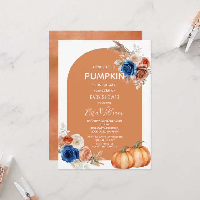 Denim Blue Rust Orange Pumpkin Floral Baby Dusche Einladung (Vorderseite/Rückseite Beispiel)