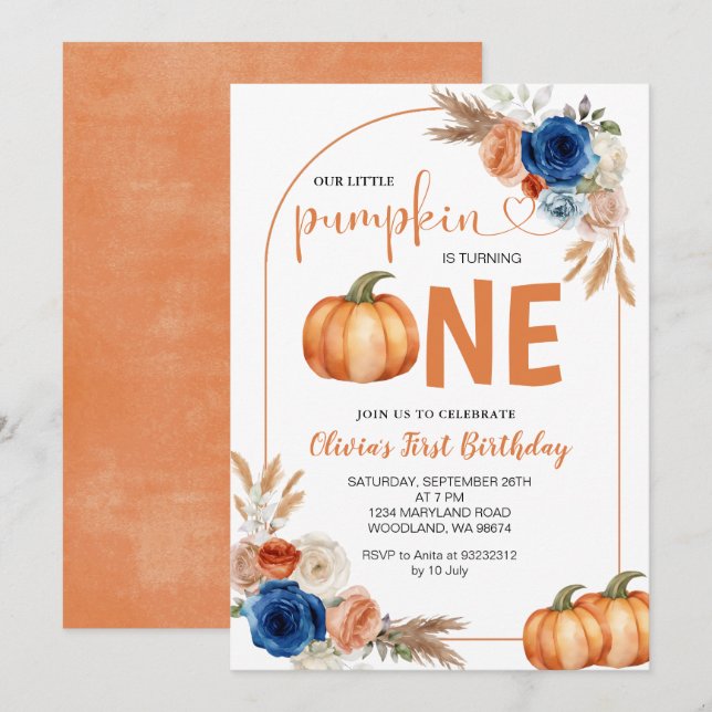 Denim Blue Rustic Pumpkin 1. Geburtstag Einladung (Vorne/Hinten)