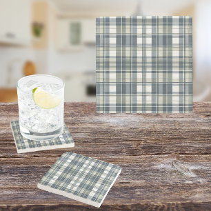 Denim Blue Sage Green White Kariert Steinuntersetzer