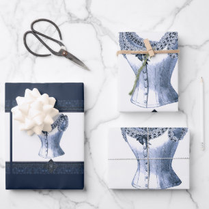 Denim Blue Vintag Bustier Geschenkpapier Set