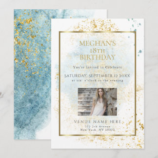 Denim Blue Watercolor Birthday Age Foto Frame Einladung