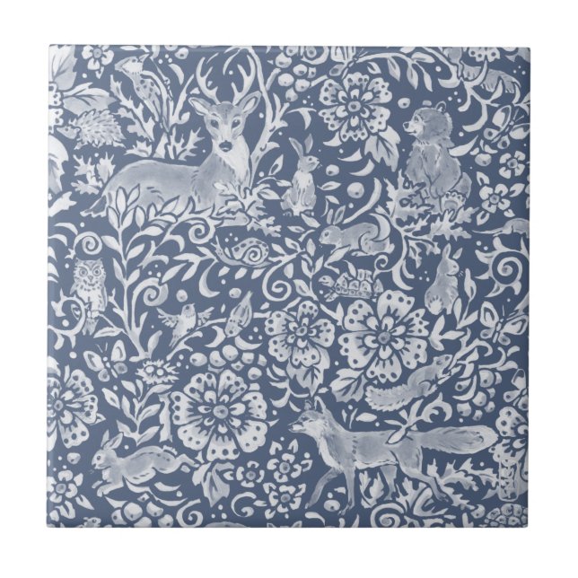 Denim Blue Woodland Animal Forest Deer Rabbit Fliese (Vorderseite)