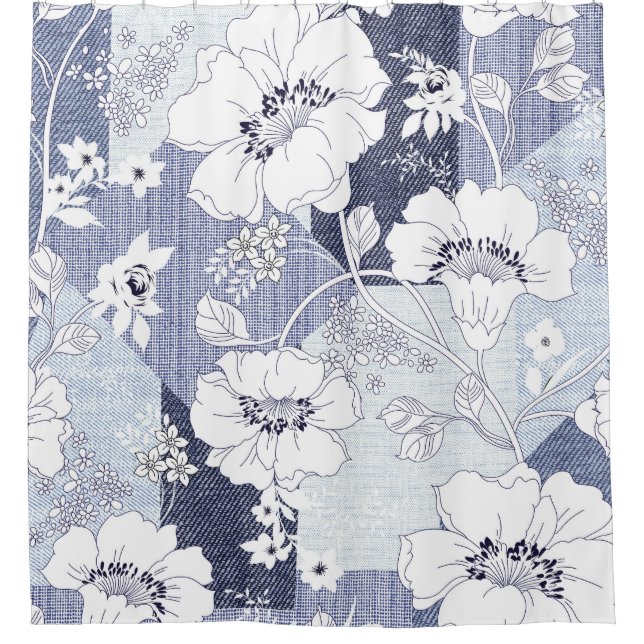 Denim Blume Patchwork, nahtlos Muster. Duschvorhang (Vorderseite)