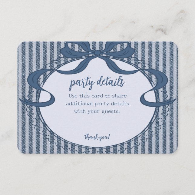 Denim Coquette Bow Blue Jean Baby Party Details Begleitkarte (Vorderseite)
