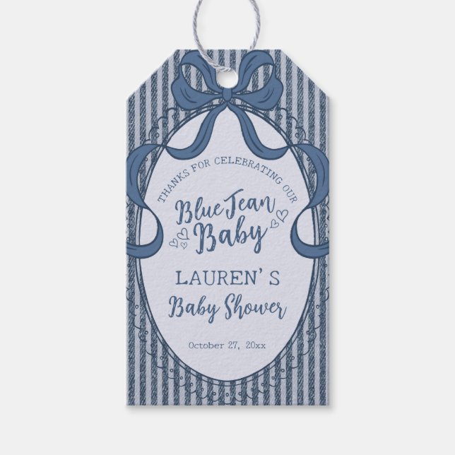 Denim Coquette Bow Blue Jean Baby Shower Favors Geschenkanhänger (Vorderseite)