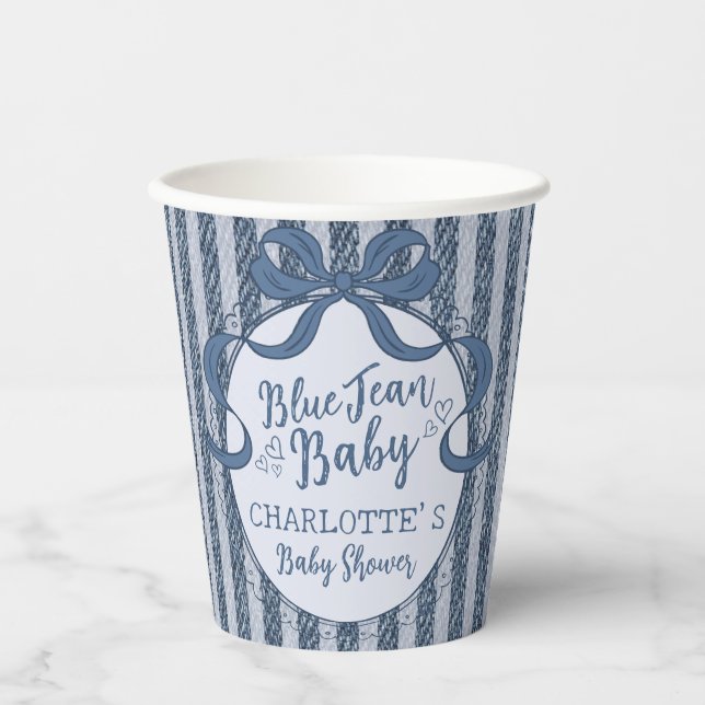 Denim Coquette Bow Blue Jean Baby Shower Pappbecher (Vorderseite)