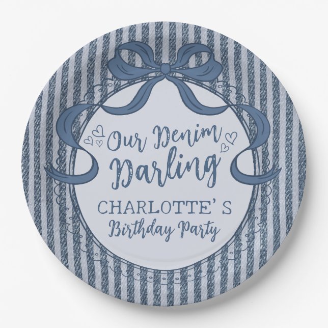 Denim Coquette Bow Blue Jean Birthday Party Pappteller (Vorderseite)