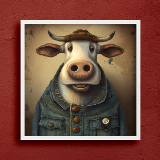 Denim Dapper Cow - Die sonnige Kuh in einem Kostüm Poster