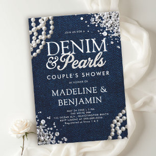 Denim-Diamanten-Perlen Blau-Weiß-Paar-Dusche Einladung
