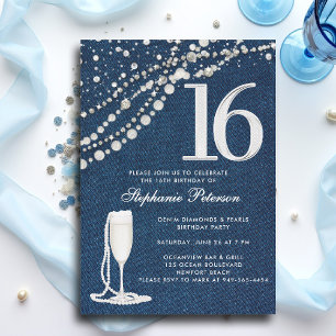Denim-Diamanten-Perlen-Champagner  ElegantSweet 16 Einladung