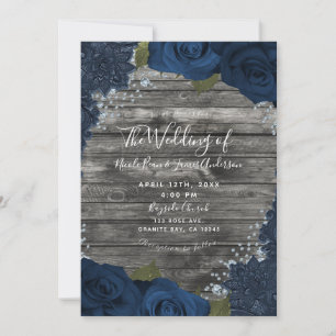 Denim Diamanten Rosen Rustikales Holz Creme Spitze Einladung