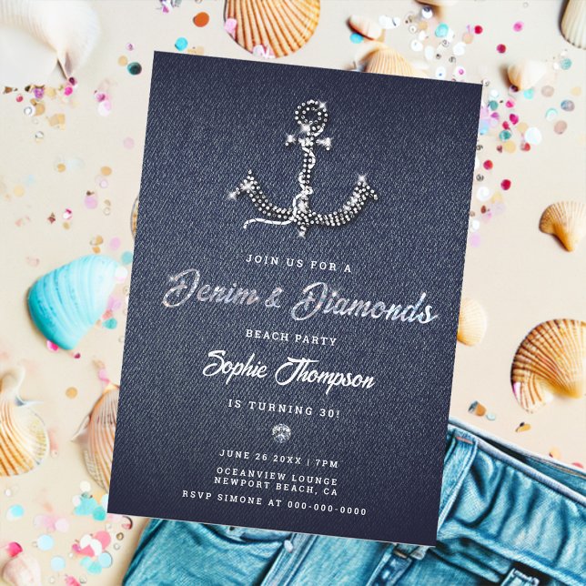Denim Diamond Bling Anchor Nautical Birthday Party Einladung (denim and diamonds 30th birthday party invitation for women beach boat anchor bling elegant classy)