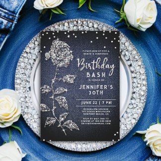 Denim Diamond Bling Rose Indigo Blue 30. Geburtsta Einladung